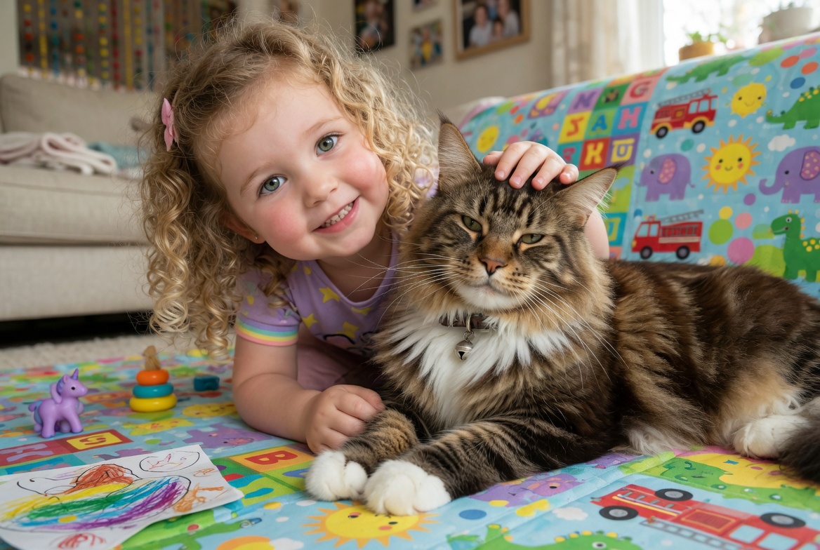 Girl coloring with Maine Coon cat nearby